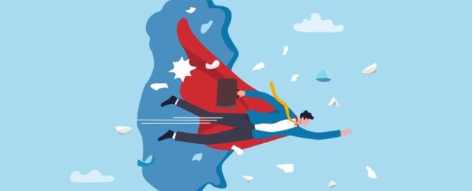 Businessman superhero flying with power breakthrough barrier.